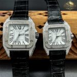 ساعت مچی کارتیر مدل سانتوز زنانه مردانه فول دایموند بند مشکی تمام نگین Watch Cartier S100