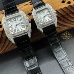 ساعت مچی کارتیر مدل سانتوز زنانه مردانه فول دایموند بند مشکی تمام نگین Watch Cartier S100