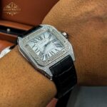 ساعت مچی کارتیر مدل سانتوز زنانه مردانه فول دایموند بند مشکی تمام نگین Watch Cartier S100