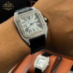 ساعت مچی کارتیر مدل سانتوز زنانه مردانه فول دایموند بند مشکی تمام نگین Watch Cartier S100