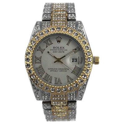 ساعت مچی رولکس فول نگین دو رنگ طلای استیل صفحه سفید ROLEX DAYTE JUST 1023