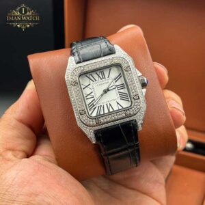 ساعت مچی کارتیر مدل سانتوز زنانه مردانه فول دایموند بند مشکی تمام نگین Watch Cartier S100