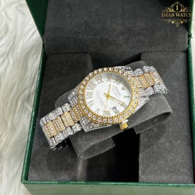 ساعت مچی رولکس فول نگین دو رنگ طلای استیل صفحه سفید ROLEX DAYTE JUST 1023