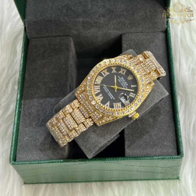 ساعت مچی رولکس فول نگین طلایی صفحه مشکی ROLEX DAYTE JUST 1050