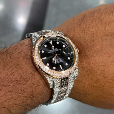 ساعت مچی رولکس فول نگین دو رنگ نقره ای رزگلد صفحه مشکی ROLEX DAYTE JUST 1080