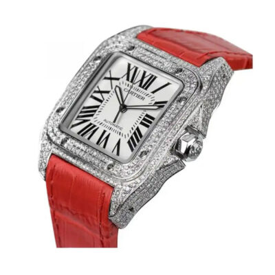 ساعت مچی کارتیر زنانه فول نگین بند چرم قرمز Cartier 7846