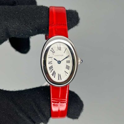 ساعت مچی زنانه کارتیر باگنوار نقره ای بند چرم قرمز Cartier BaignoireBaignoire