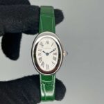 ساعت مچی زنانه کارتیر باگنوار نقره ای بند چرم سبز Cartier Baignoire