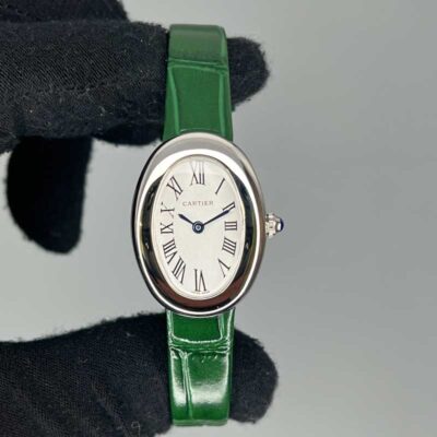 ساعت مچی زنانه کارتیر باگنوار نقره ای بند چرم سبز Cartier Baignoire