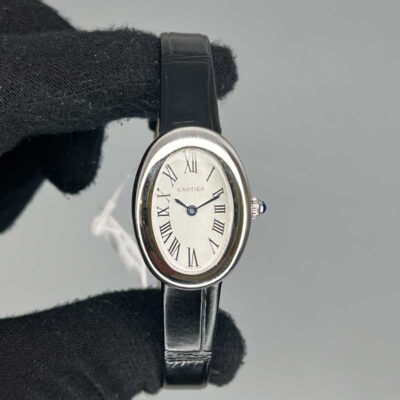 ساعت مچی زنانه کارتیر باگنوار نقره ای بند چرم مشکی Cartier Baignoire