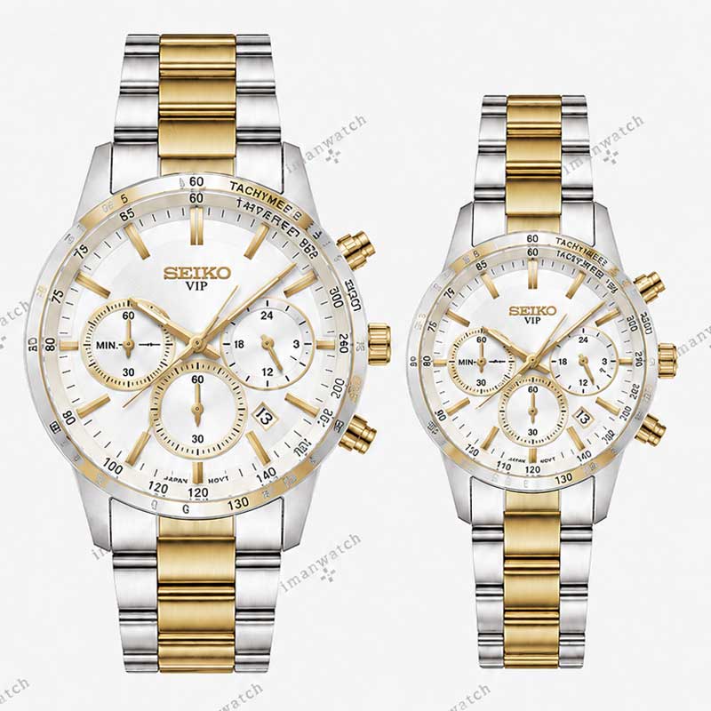 seiko12-1 ساعت ست سیکو سه موتوره دو رنگ طلایی صفحه سفید Seiko 8894