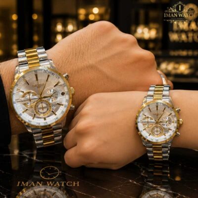 ساعت ست سیکو سه موتوره دو رنگ طلایی صفحه سفید Seiko 8894