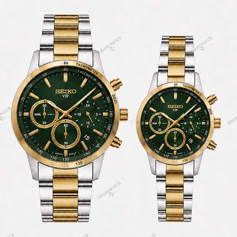 seiko5-4 ساعت ست سیکو سه موتوره دو رنگ طلایی صفحه سبز Seiko 8884 - تصویر 1