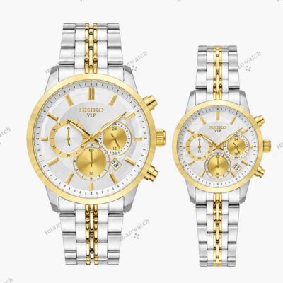 ساعت ست سیکو سه موتوره دو رنگ طلایی صفحه سفید Seiko 8886