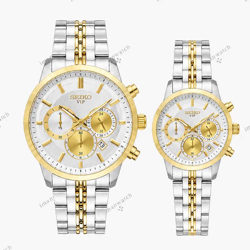seiko7-1 ساعت ست سیکو سه موتوره دو رنگ طلایی صفحه سفید Seiko 8886