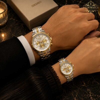 ساعت ست سیکو سه موتوره دو رنگ طلایی صفحه سفید Seiko 8886