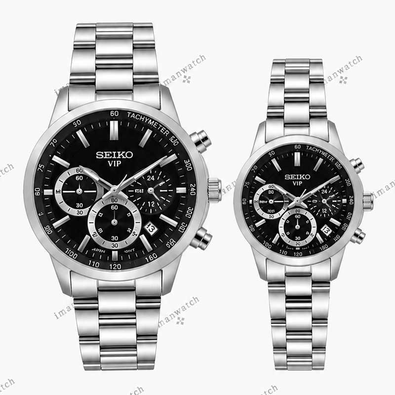 seiko9-1 ساعت ست سیکو سه موتوره سیلور صفحه مشکی Seiko 8889