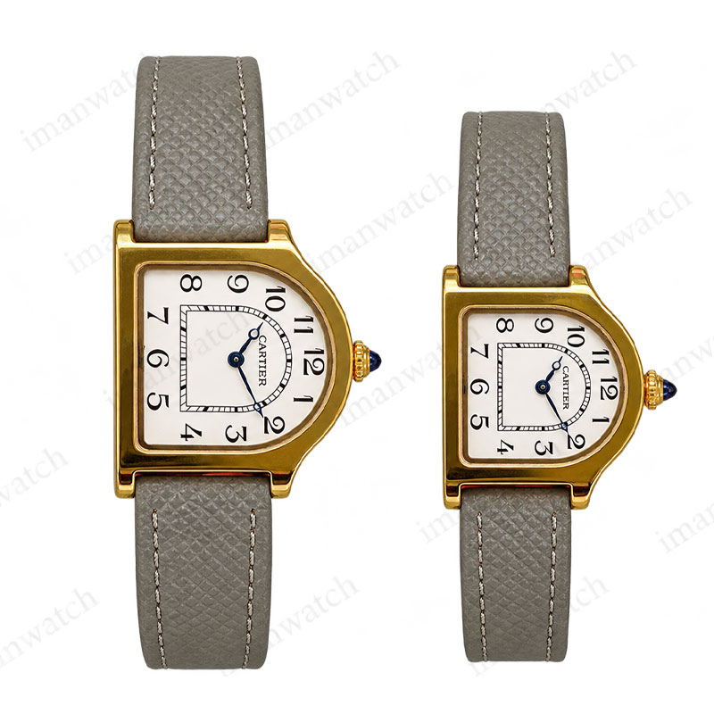 cartier2-1 ساعت ست کارتیر کلوش طلایی بند چرمی طوسی Cartier Cloche
