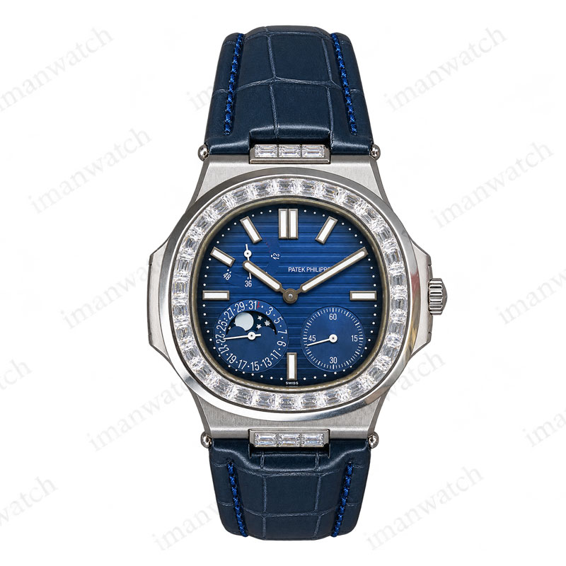 patek2-1 ساعت مردانه پتک فیلیپ ناتیلوس سیلور نگین دار صفحه سرمه ای Patek Philippe